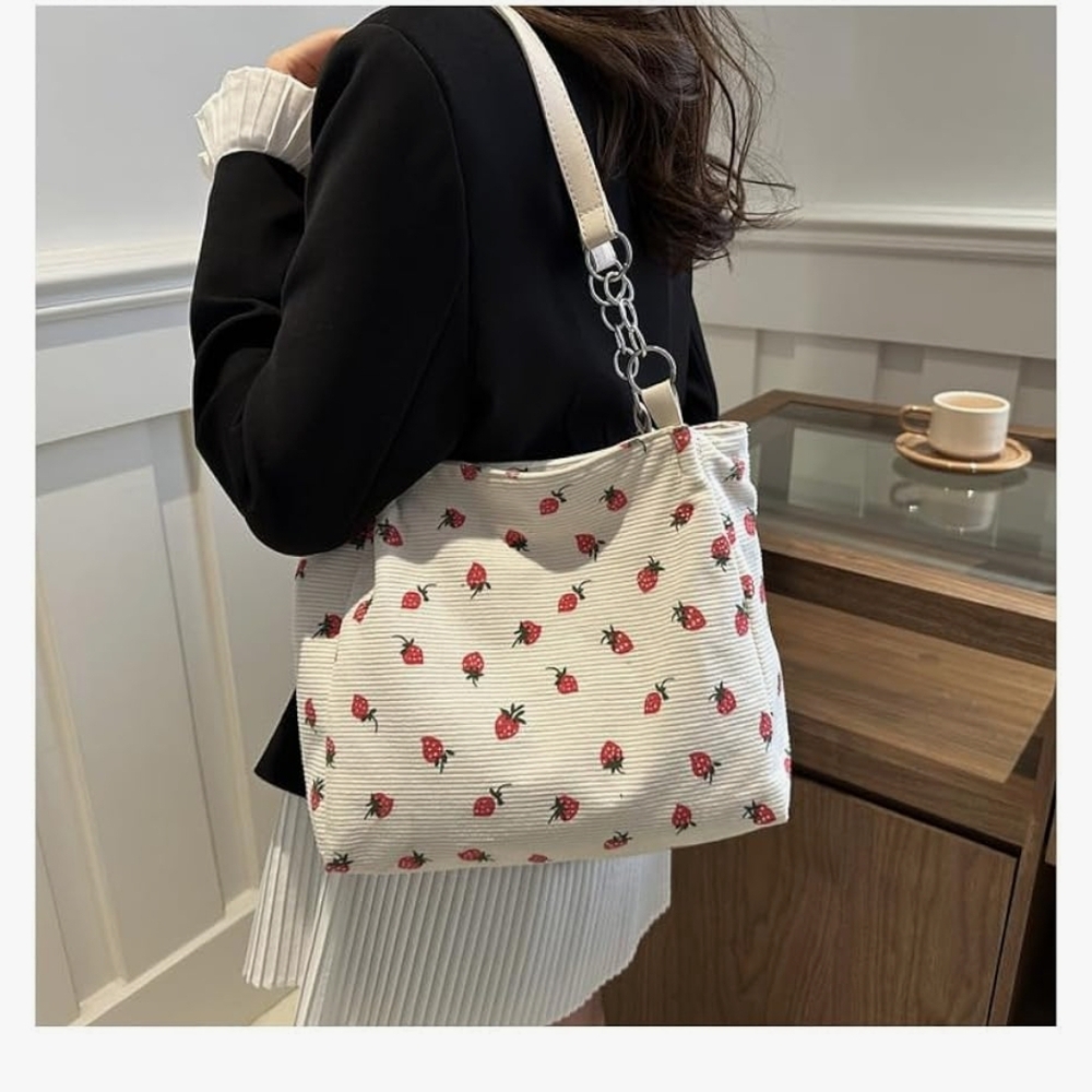 Strawberry Print Tote Bag - Cream and Red - Picture 3 of 8